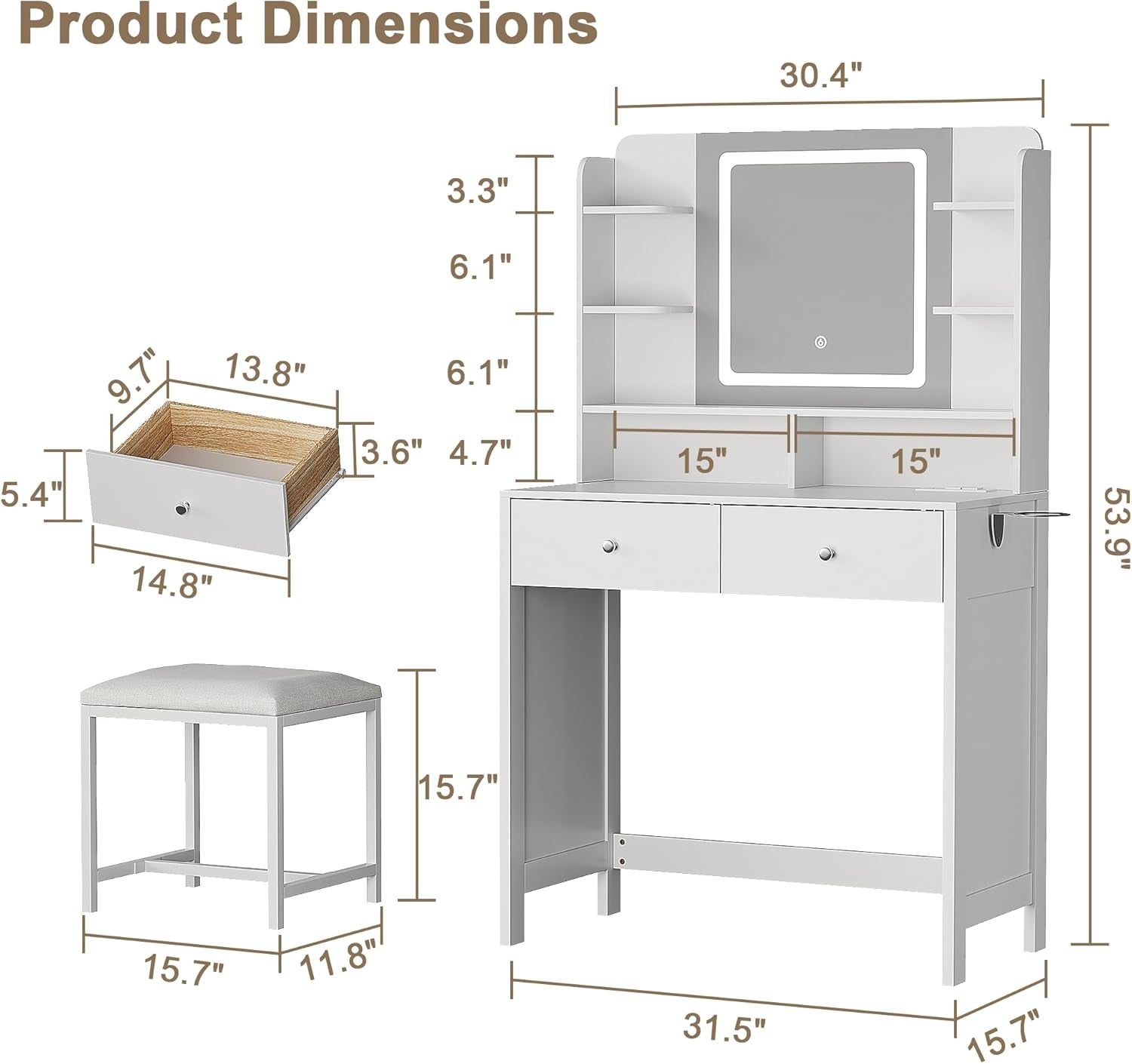 White Vanity with Lighted Mirror, 8 Shelves, 2 Drawers, Charging Station, Hair Dryer Holder & Stool, LED Mirror with 3 Light Modes
