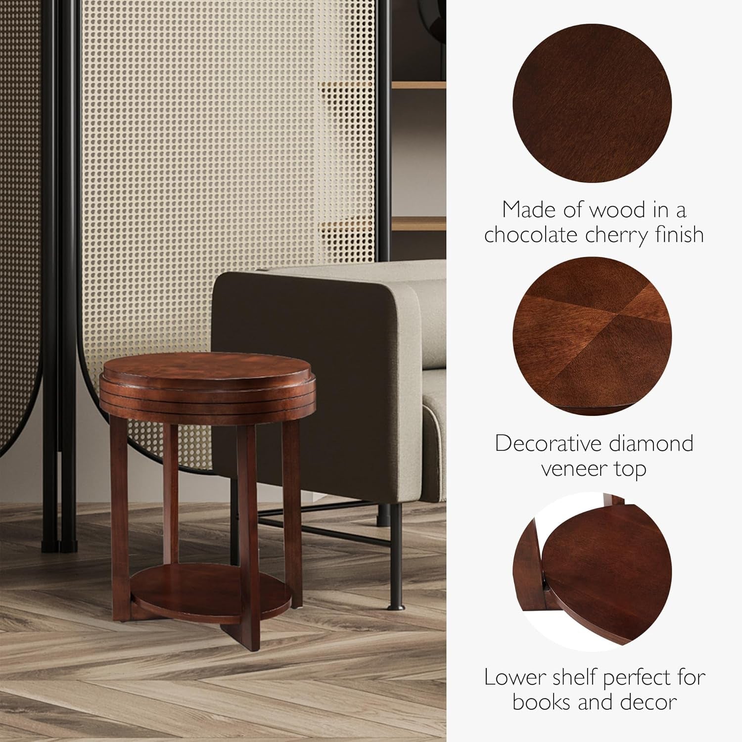 Teo Oval Solid Wood End Table with Shelf, Chocolate Cherry Brown, Perfect for Living Rooms, Bedrooms, and Small Spaces – , 10107-CH