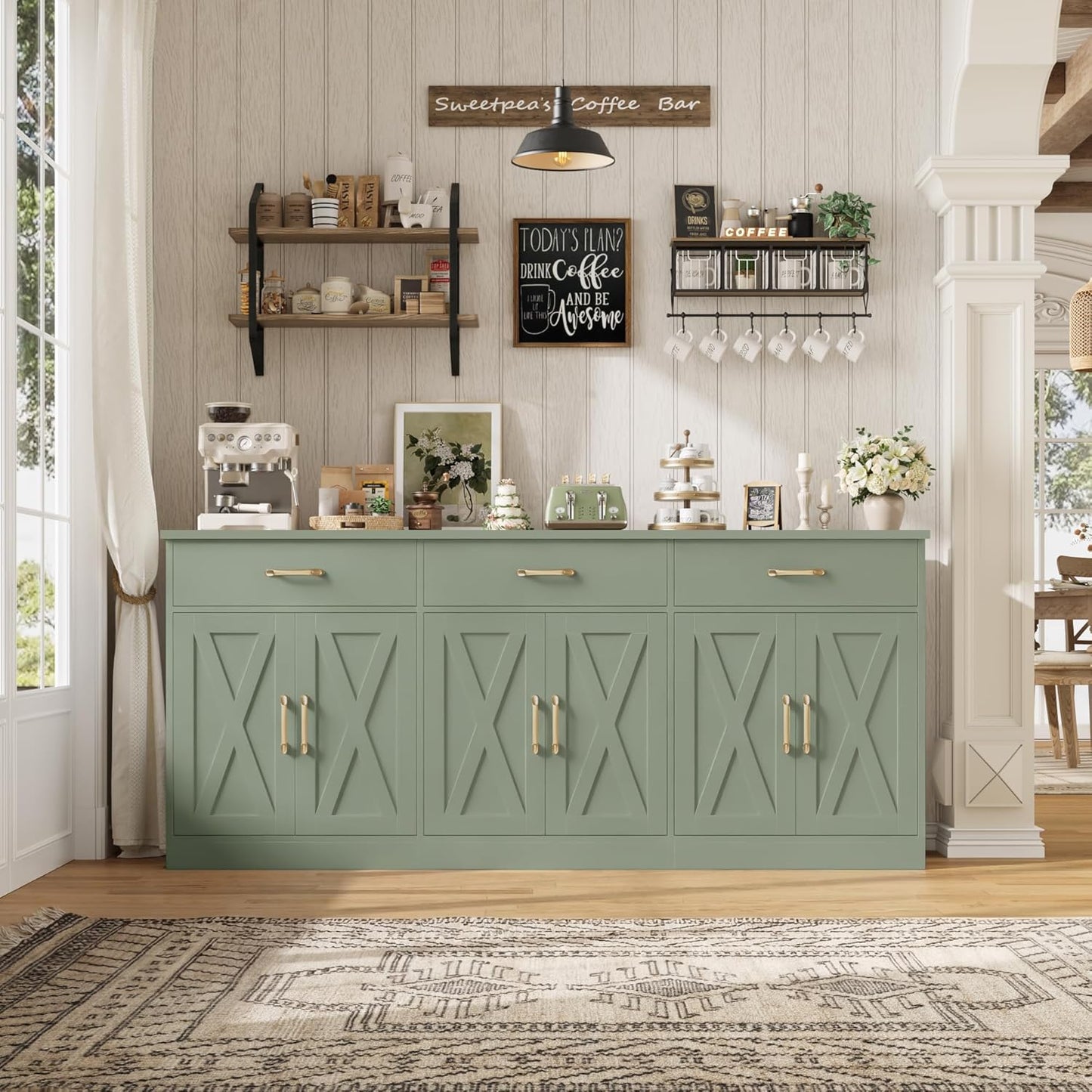 71" Large Sideboard Buffet Cabinet with Storage, Farmhouse Coffee Bar Cabinet with 3 Drawers, Long Kitchen Buffet Table, Kitchen Sideboard Storage Cabinet for Dining Room, Living Room, Green