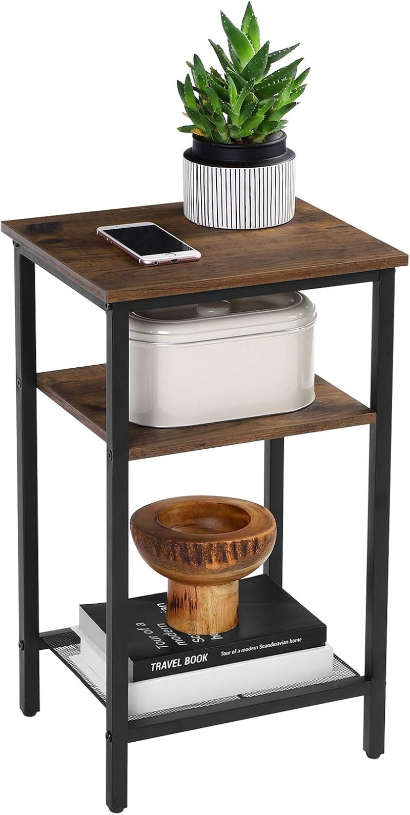 End Table Set of 2, 3-Tier Nightstands, Side Table for Small Space in Living Room, Bedroom, Steel Frame, Easy Assembly, 2-Pack, Chestnut Brown