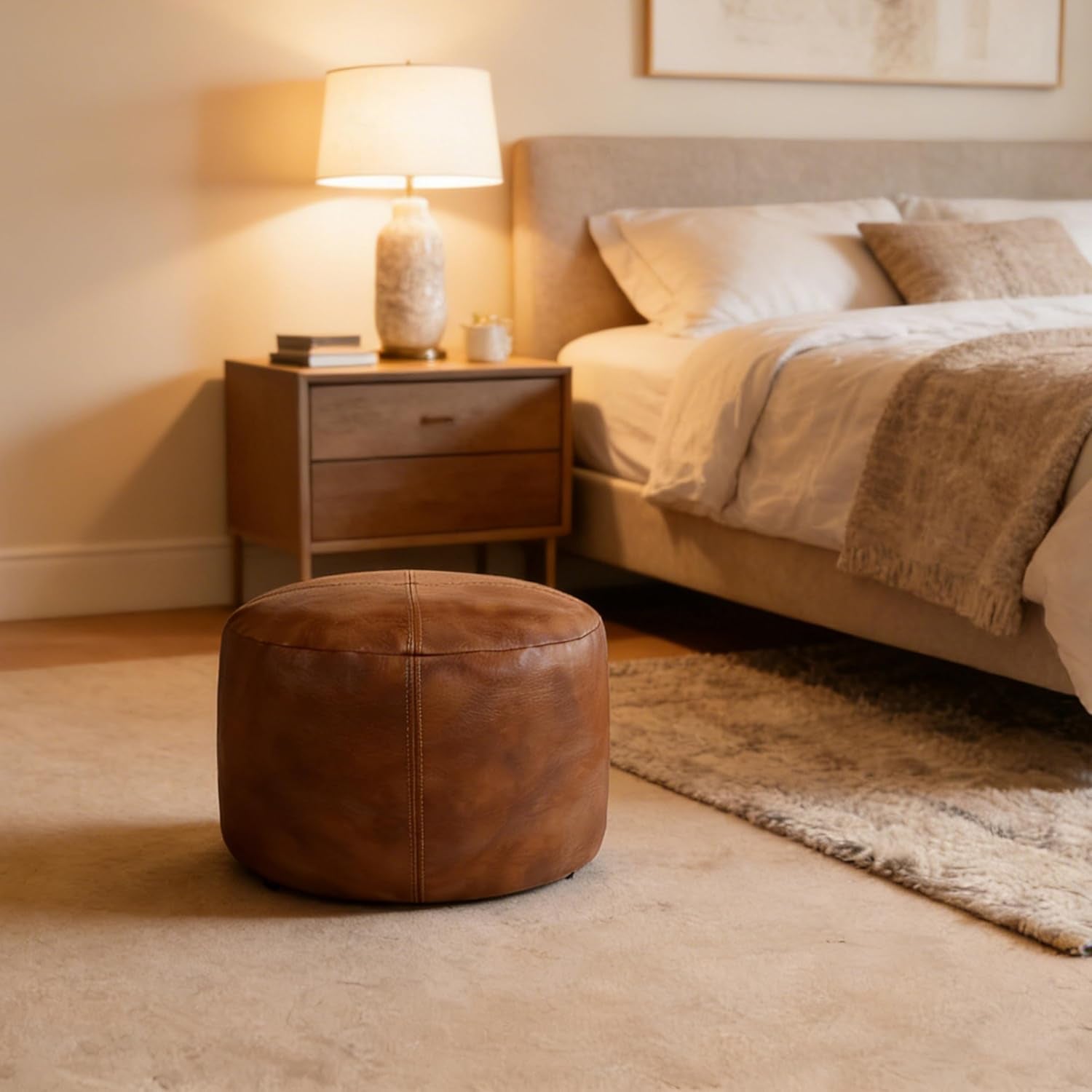 Unstuffed Faux Leather Pouf Cover, Handmade Footstool Ottoman Storage Solution, Floor Footrest Cushion, 16.5”Dx12”H, Amaretto