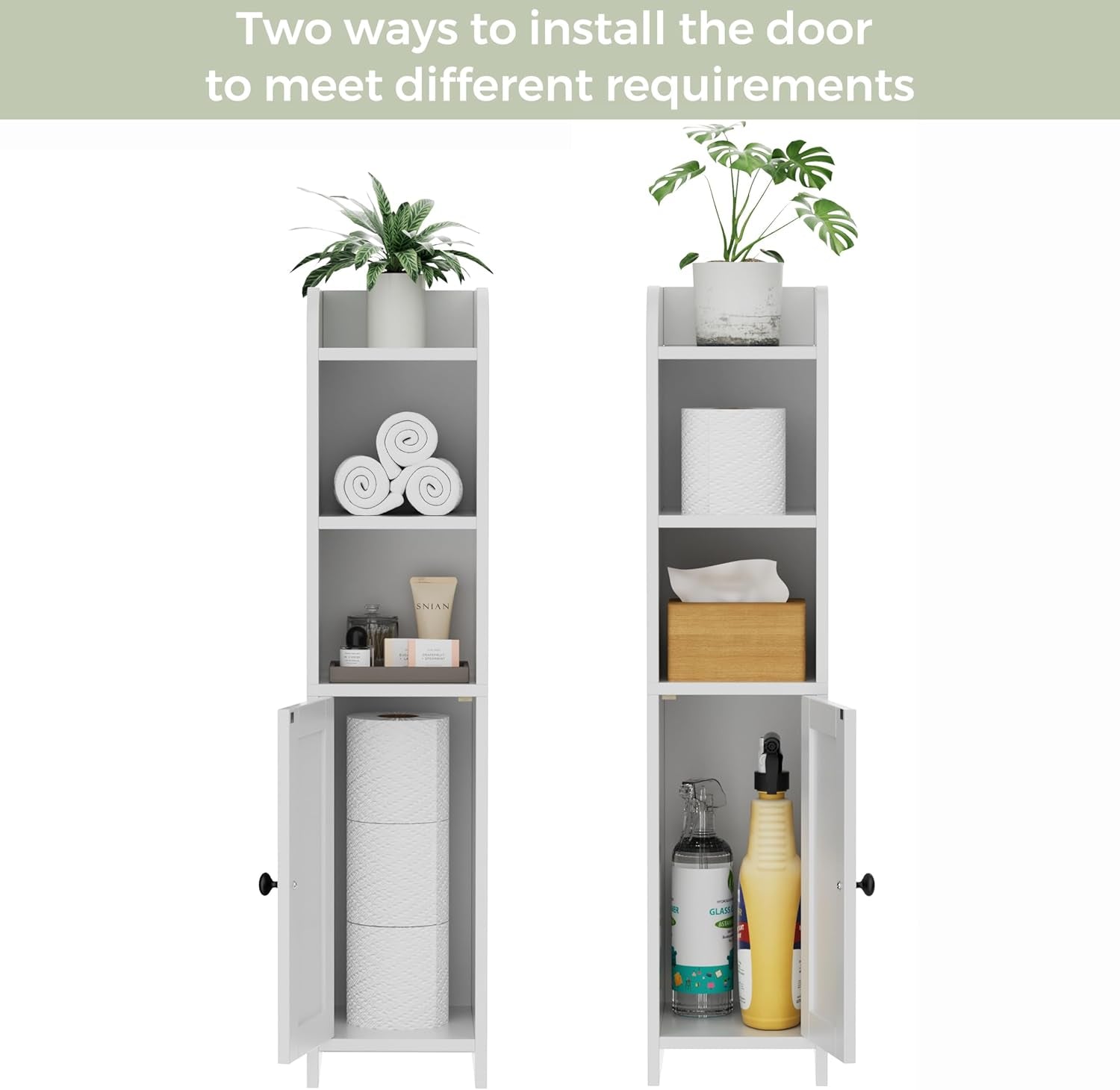 Small Bathroom Storage Corner Floor Cabinet with Door and Shelves, beside the Toilet Paper Stand for Skinny, Narrow Toilet Paper Cabinet, 7.9" D X 7.1" W X 31" H, White