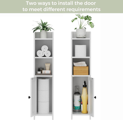 Small Bathroom Storage Corner Floor Cabinet with Door and Shelves, beside the Toilet Paper Stand for Skinny, Narrow Toilet Paper Cabinet, 7.9" D X 7.1" W X 31" H, White