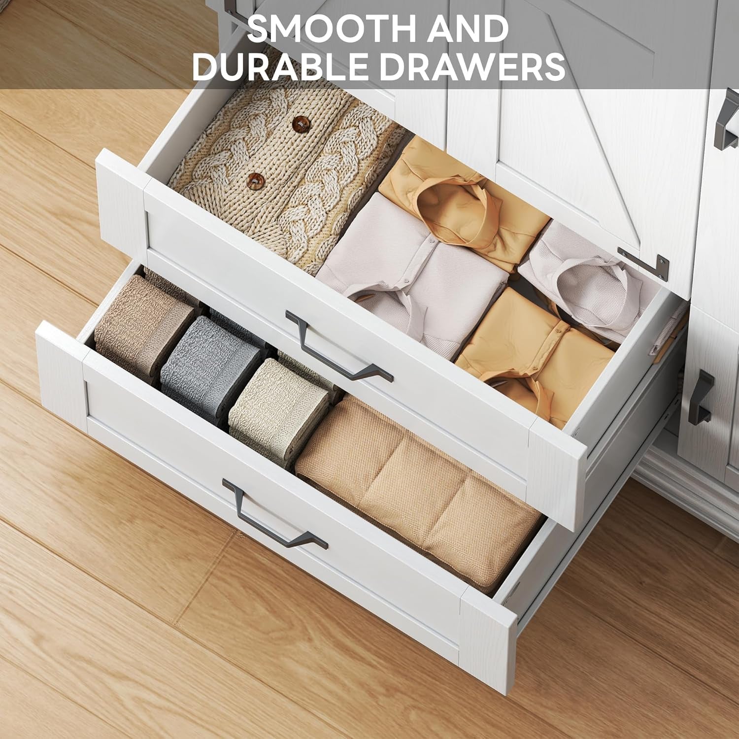 Armoire Wardrobe Closet 71" H, Bedroom Wooden Wardrobe with 4 Doors and 2 Drawers, Farmhouse Clothing Storage Cabinet Combination with Hanging Rod, Shelves, and Hooks, White