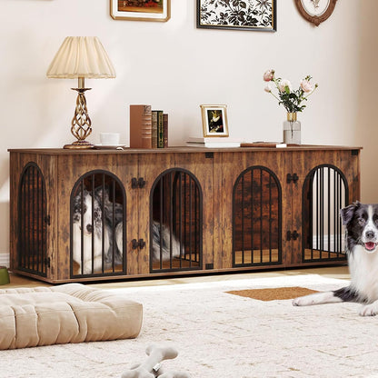 71" Dog Crate Furniture for 2 Dogs, Heavy Duty Indoor Dog Kennel TV Stand, XL Wooden Dog Cage with Divider for Medium Large Dogs, End Table Dog Crate with Cushion, Rustic Brown DFC81901B