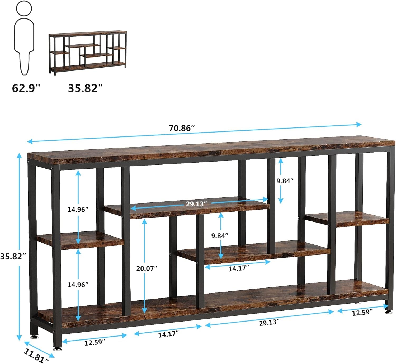 Console Sofa Table, 70.9 Inch Extra Long Table behind Couch with Storage Shelves, 3-Tier Industrial Narrow Entryway Hallway Accent Table for Living Room, Rustic Brown