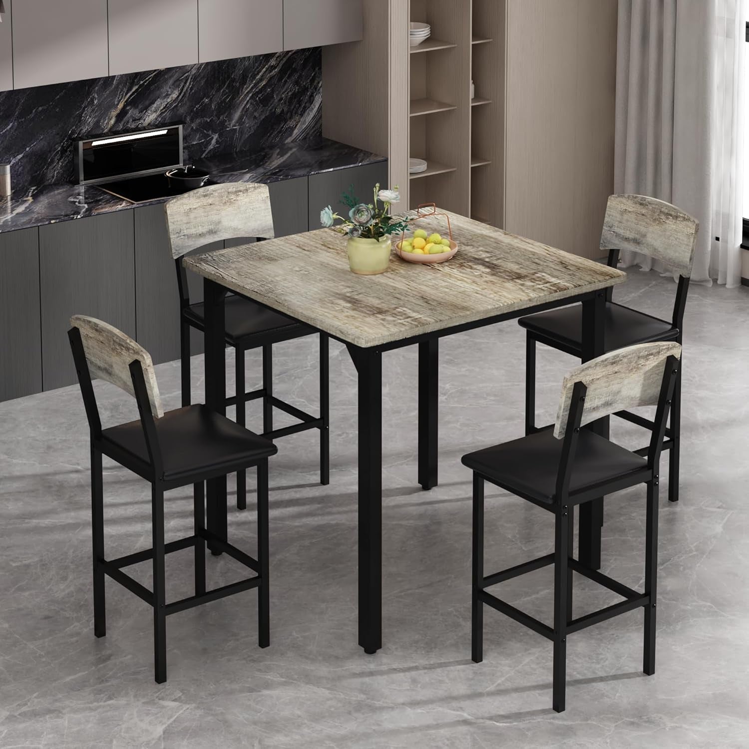 5-Piece Dining Table Set, Dining Table Set for 4, Counter Height Table & 4 Bar Stools, Modern Kitchen Dining Set, with Upholstered Chairs, Compact Dining Set for Small Spaces, Gray