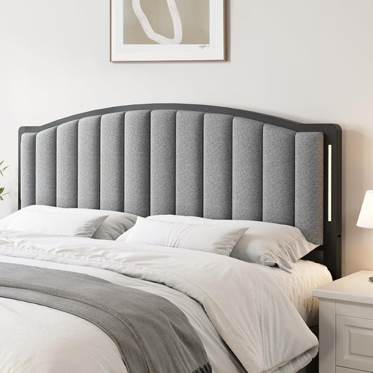 Headboard for Queen Size Bed with LED Lights, Upholstered Vertical Channel Tufting Head Boards, Linen Fabric Bed Headboard Only, Attach Frame, Ideal for Bedroom, Dorm, Guest Room, Grey