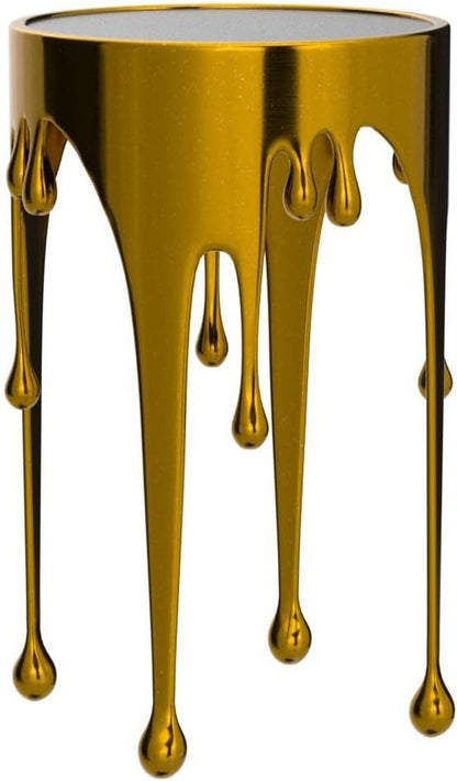 Aluminum Metal Abstract Melting Drip Accent Table with Melting Design and Shaded Glass Top, 16' X 16' X 25', Gold