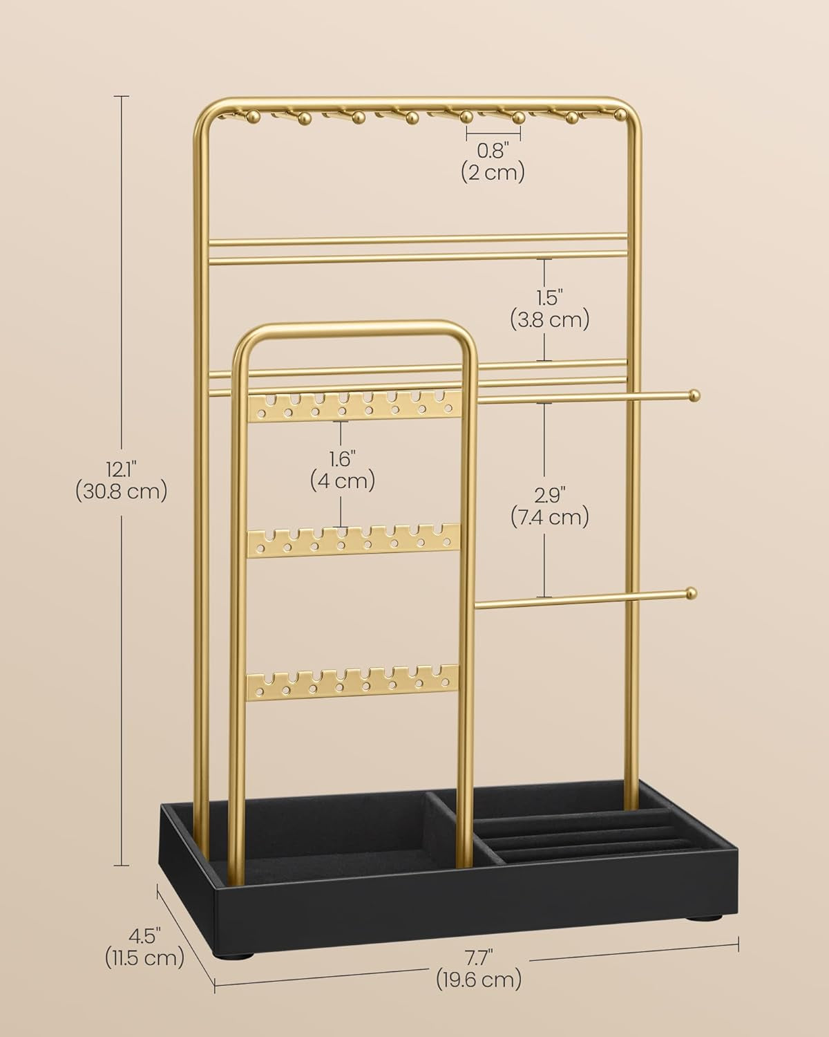 Jewelry Holder, Jewelry Organizer Display Stand with Metal Frame, Velvet Tray, Necklace Earring Bracelet Holder, for Studs, Rings, Gift Idea, Pale Gold and Ink Black UJJS021AB02
