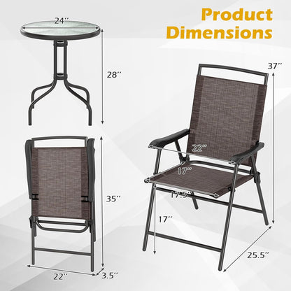 Bistro Table and Chairs Set of 2, Outdoor 3 Piece Patio Bistro Set with 1.57” Umbrella Hole, Tempered Glass Tabletop, 2 Folding Chairs, Small Patio Furniture Dining Set for Garden, Balcony