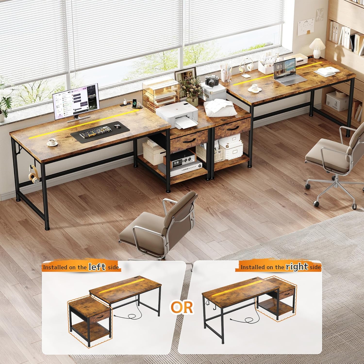 48.1 Computer Desk with Drawers & Printer Shelf,Gaming Desk with LED Lights & Power Outlet,Office Desk with Headphone Hook,Reversible Corner Work Desk for Small Space,Carbon