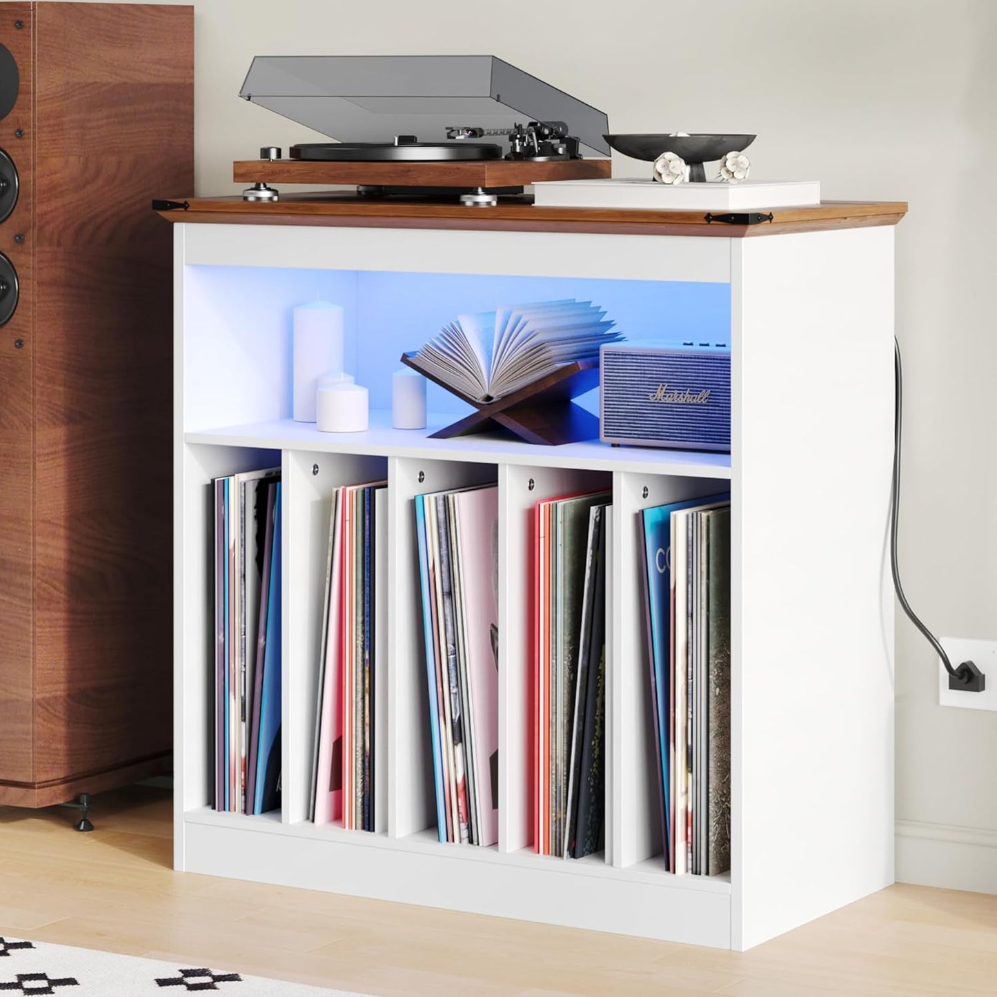 Farmhouse Large Record Player Stand with Power Outlets & LED Lights, Vinyl Record Stand Hold up to 150 Albums, Turntable Stand for Living Room, Bedroom, White