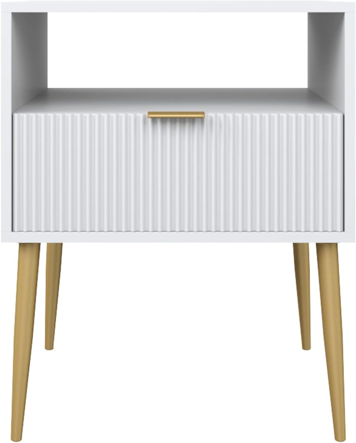 Jacklyn White Nightstand, Gold Accent Bedside Table with Storage Drawer, Open Shelf and Mid-Century Golden Legs, White/Gold