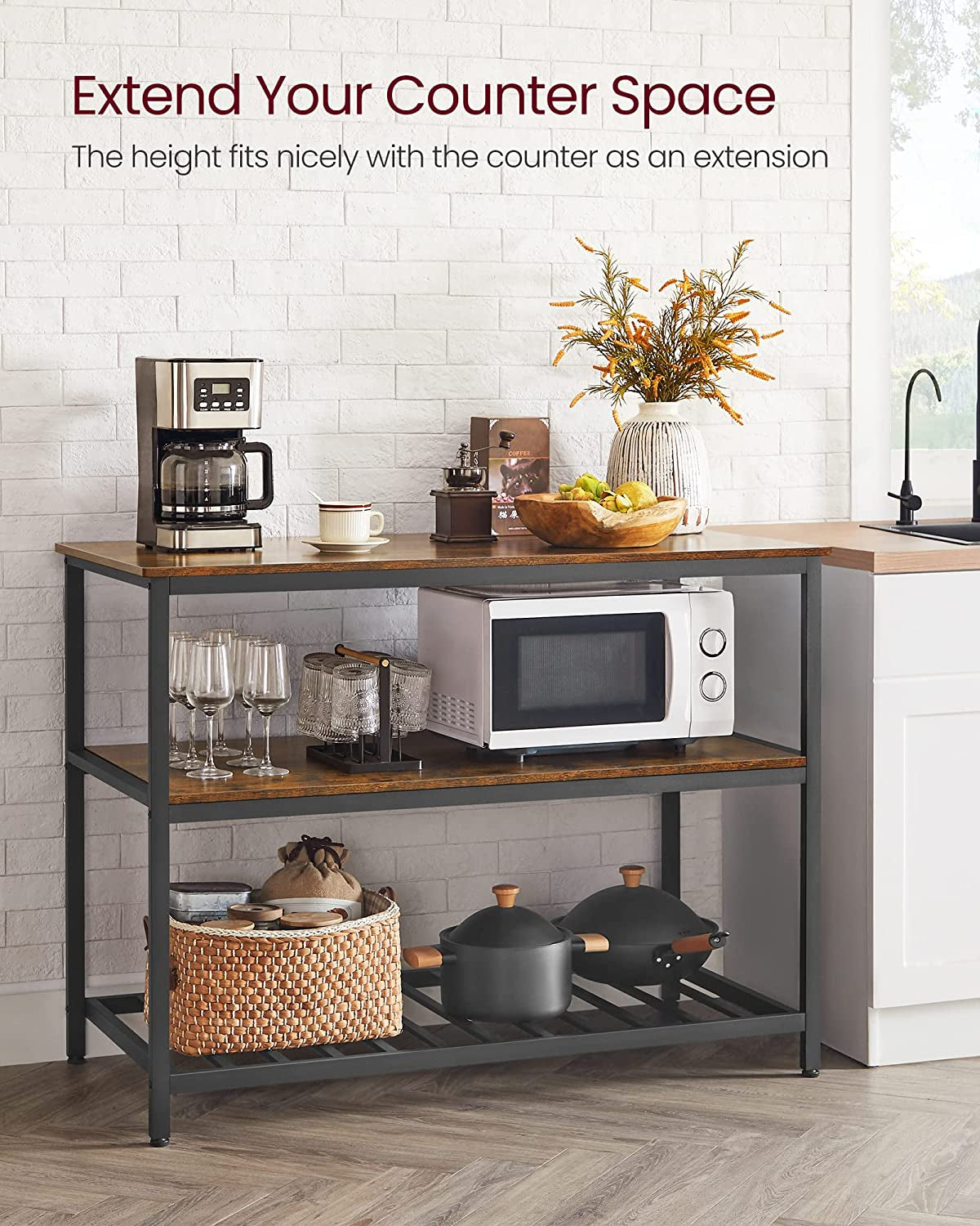 Kitchen Island with 3 Shelves, 47.2 Inches Width Kitchen Shelf with Large Worktop, Stable Steel Structure, Industrial, Easy to Assemble, Rustic Brown and Black UKKI01BX