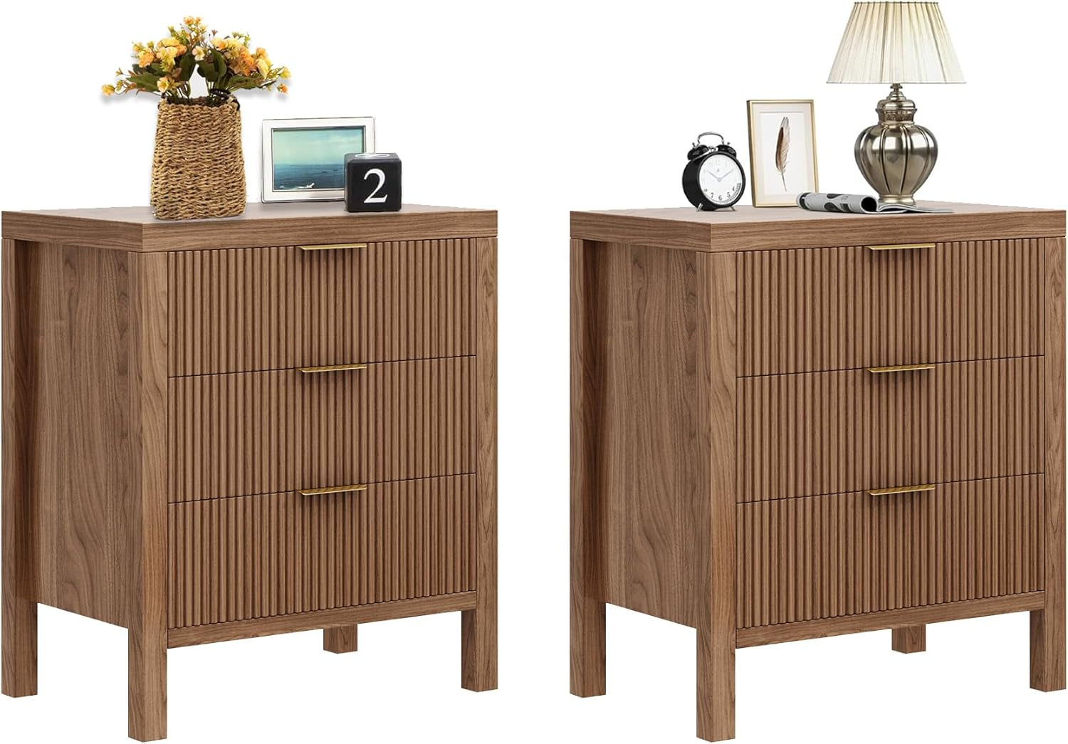 Fluted Nightstands Set of 2, Wooden Farmhouse Night Stands with 6 Drawer Bedside Table - Boho Tall End Table Accent Table for Bedroom, Living Room, Walnut