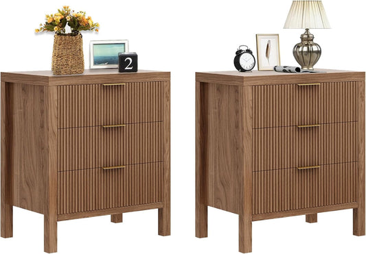 Fluted Nightstands Set of 2, Wooden Farmhouse Night Stands with 6 Drawer Bedside Table - Boho Tall End Table Accent Table for Bedroom, Living Room, Walnut