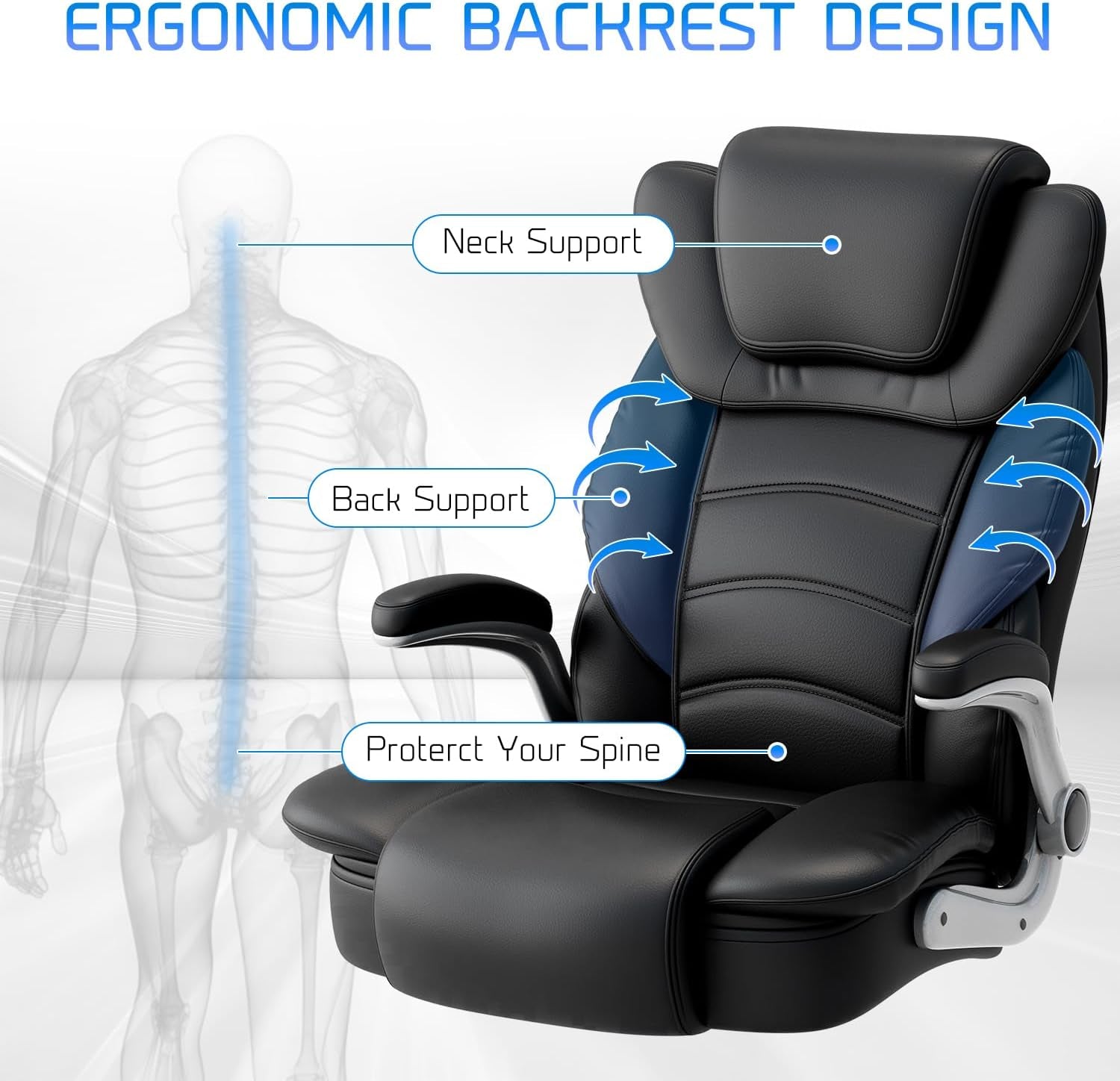 Big and Tall Office Chair 400Lb Wide Seat, Ergonomic High Back Leather Executive Desk Chair with Flip-Up Arms, Black