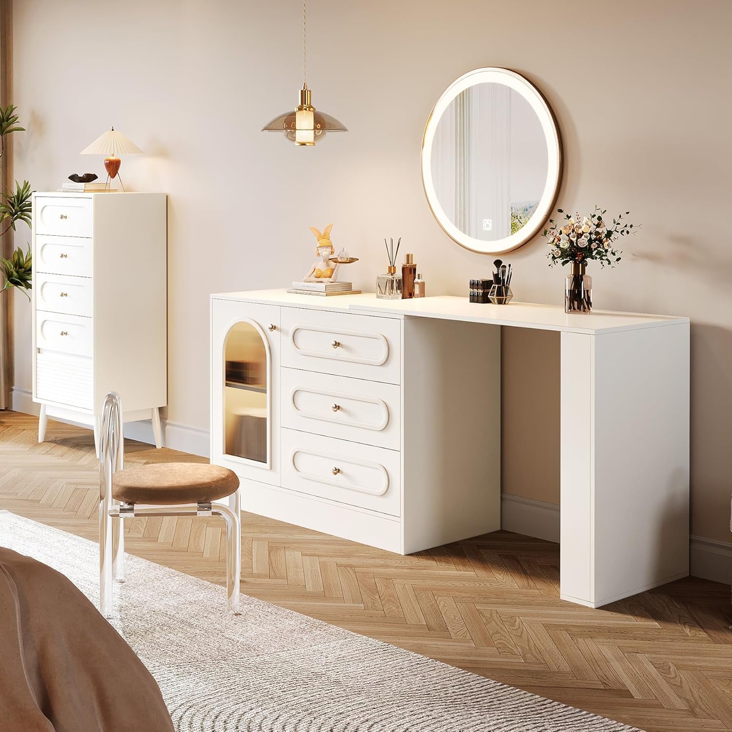 Corner Makeup Vanity Desk with 3 Drawers, 78" Modern L-Shaped Vanity Table with Reversible Cabinet, Extendable Dressing Table Combo with 1 Door for Women & Girls Bedroom (Without Mirror)