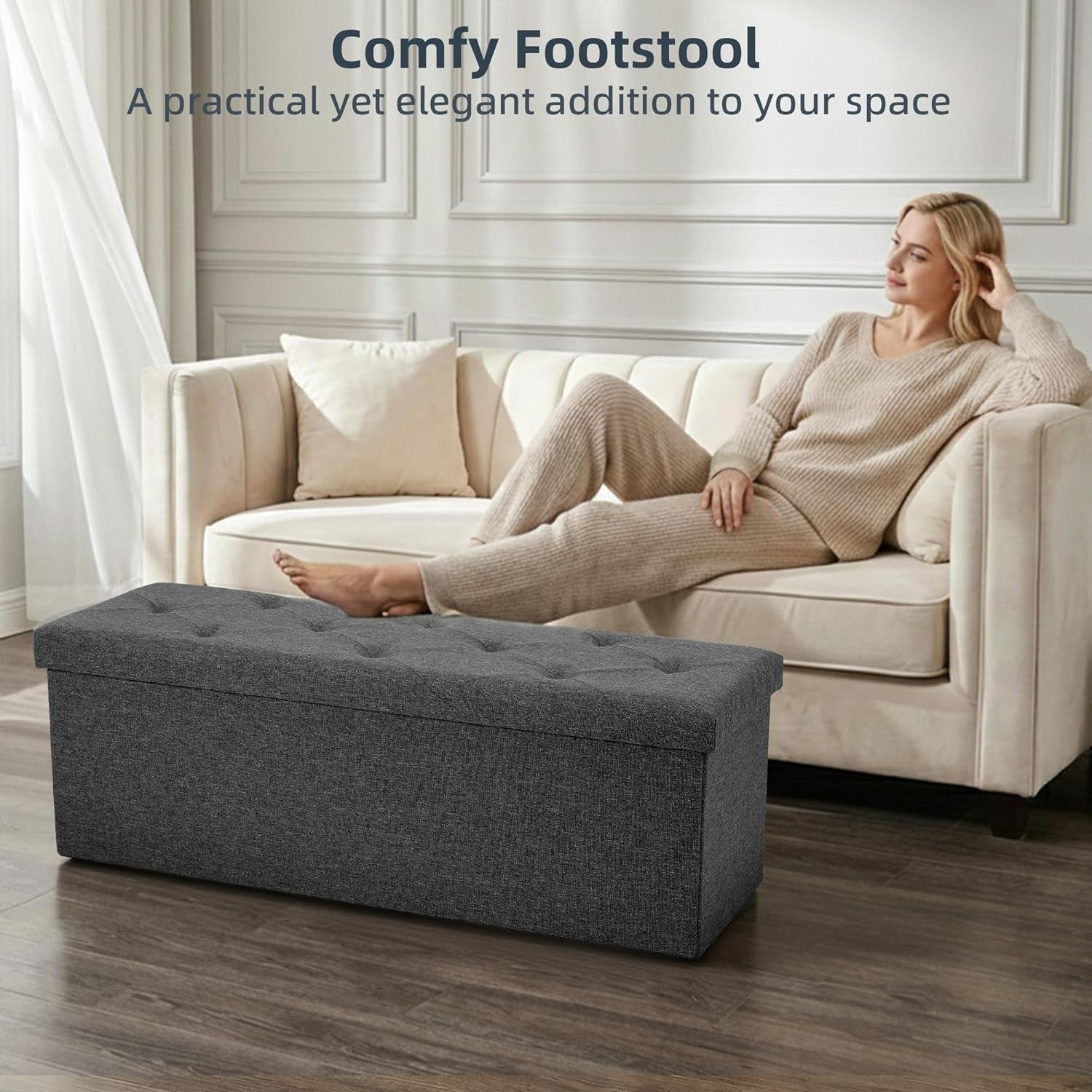 Foldable Storage Ottoman Bench, Storage Chest, End of Bed Foot Rest Stool with Padded Seat, 43 Inch Bedroom Bench for Living Room, Support 660Lbs, Grey