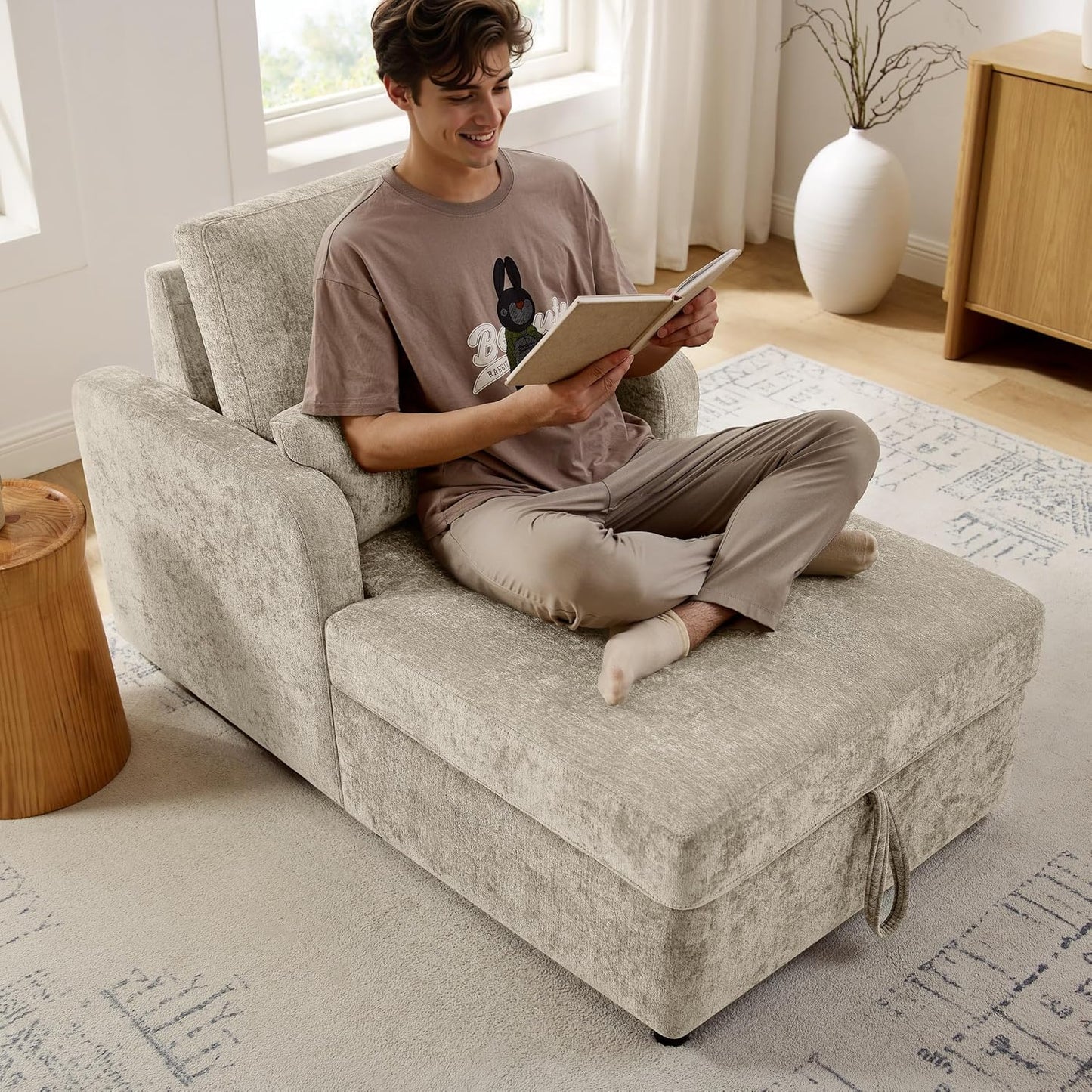 Chaise Lounge Chair Indoor with 2-Position Adjustable Backrest, Chenille Lounge Sofa Chairs with Storage Space & 2 Pillows, Modern Upholstered Reading Chair for Living Room, Bedroom, Office