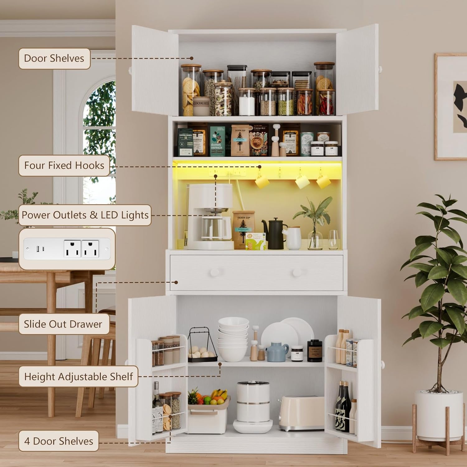 71" Tall Kitchen Pantry Storage Cabinet with Power Outlet & LED Light, Freestanding Food Pantry Cabinet with 4 Doors and Shelves, Cupboard with Drawer, Hutch with Microwave Stand, White