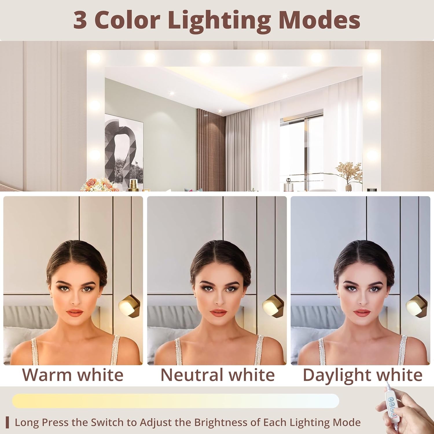 46'' Makeup Vanity Set with LED Mirror & Power Outlet - 11 Drawers, Glass Top, Dressing Table with Storage Bench for Bedroom, 3 Lighting Color Adjustable, White