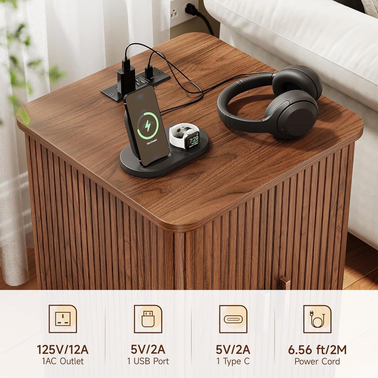 Square End Table with Storage & Charging Station, Fluted Accent Side Table with Sliding Door & Sturdy Pedestal, Mid-Century Modern Nightstand for Small Space, Living Room, Bedroom, Walnut