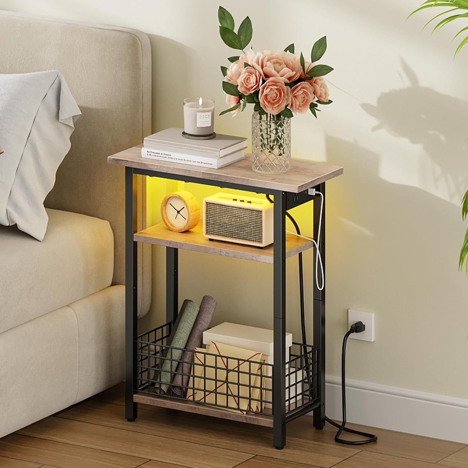 Narrow Side Table with Charging Station and LED Light, Small End Table with Storage, Skinny Nightstand with USB Port, Slim Bedside Table for Small Spaces, Living Room, Greige BG242UDBZ01