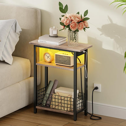 Narrow Side Table with Charging Station and LED Light, Small End Table with Storage, Skinny Nightstand with USB Port, Slim Bedside Table for Small Spaces, Living Room, Greige BG242UDBZ01