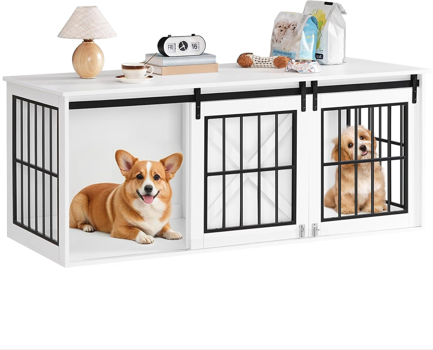 Dog Crate Furniture for 2 Dogs, 63" Heavy Duty Dog Kennel with Sliding Barn Door, Wooden Double Dog Crate with Divider for Small Medium Dogs, Indoor Dog Cage TV Stand, White DCHW16001N1
