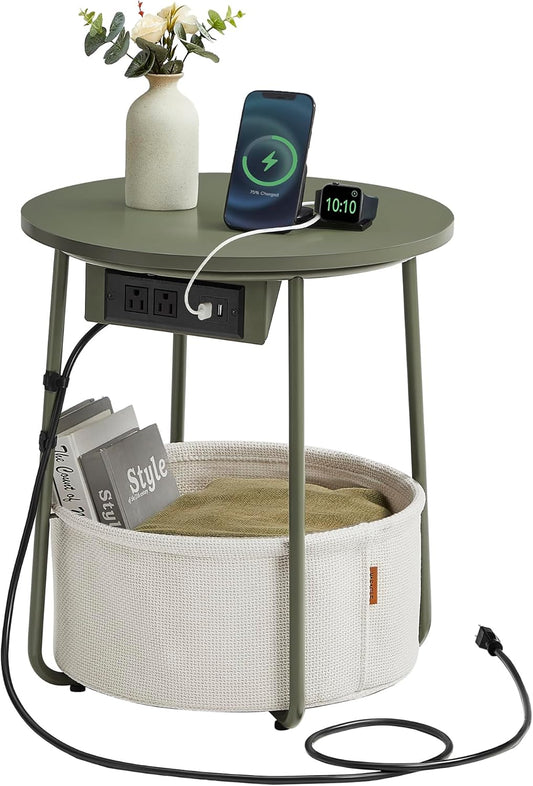 Side Table with Charging Station, round End Table with Fabric Basket, Nightstand with Power Outlets, USB Ports, for Living Room, Bedroom, Modern, Forest Green and Cream White ULET228C04