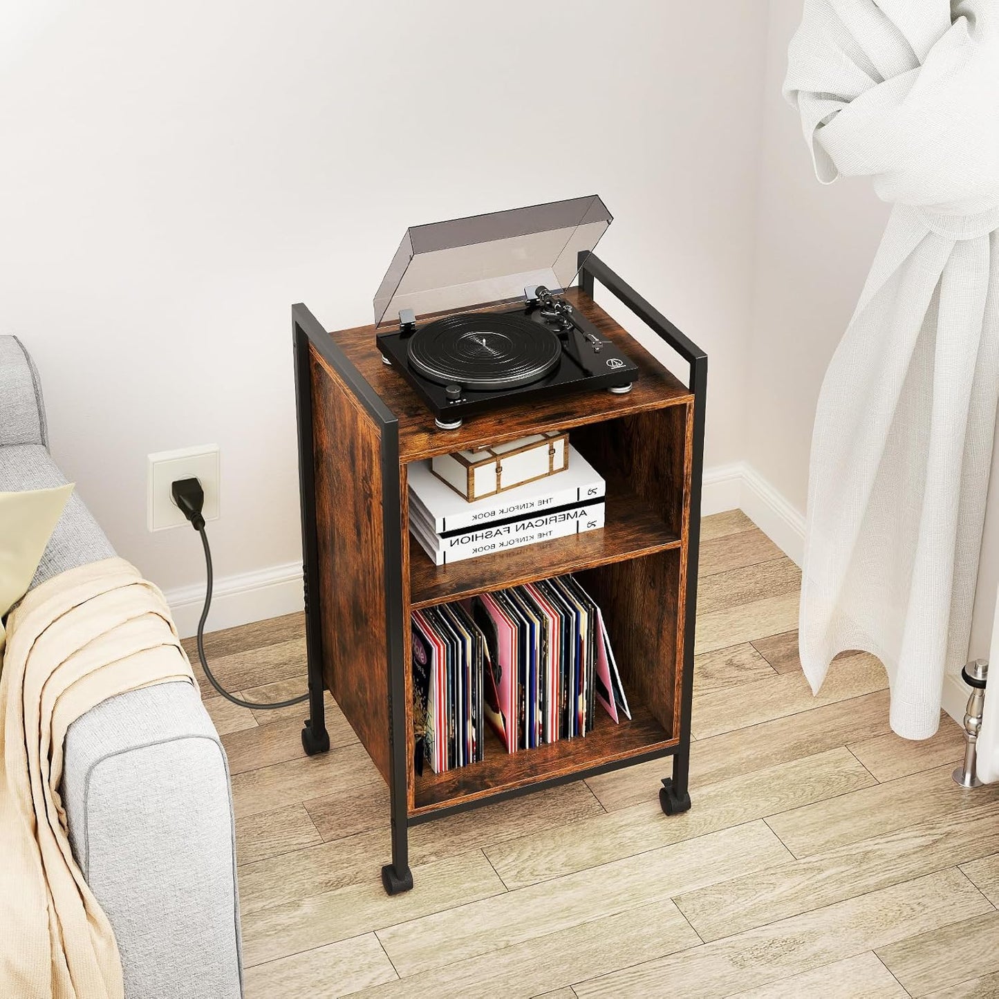 Record Player Stand with Charging Station, Mobile Turntable Stand with Record Storage & 4 Rolling Wheels, 3-Tier Vinyl Record Storage W/ Open Shelves & Dividers for Living Room, Rustic Brown