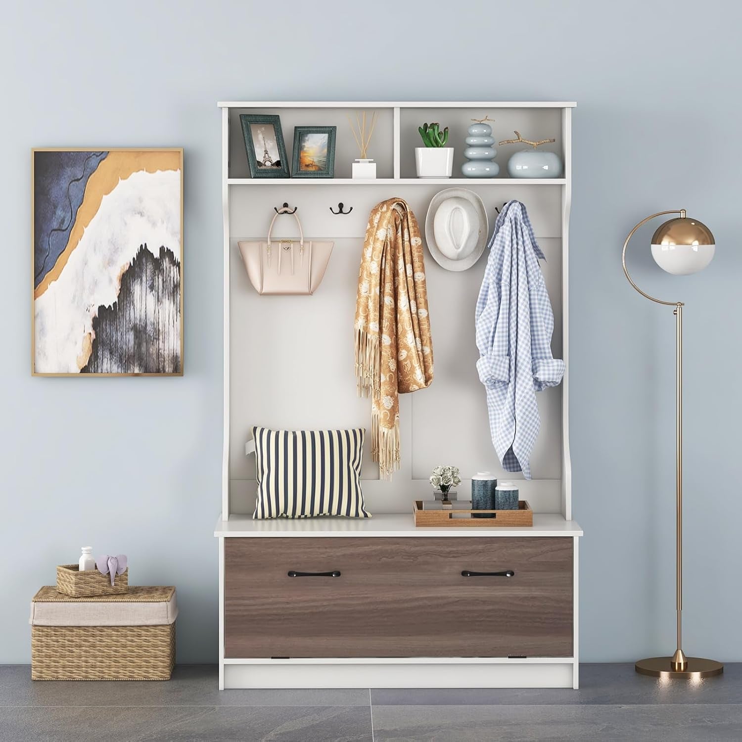 Hall Tree with Coat Rack and Storage Bench, Multifunctional Coat Rack with Entryway Bench, 5 Double Hooks, Freestanding Home Organizer for Entryway, Bedroom (White)