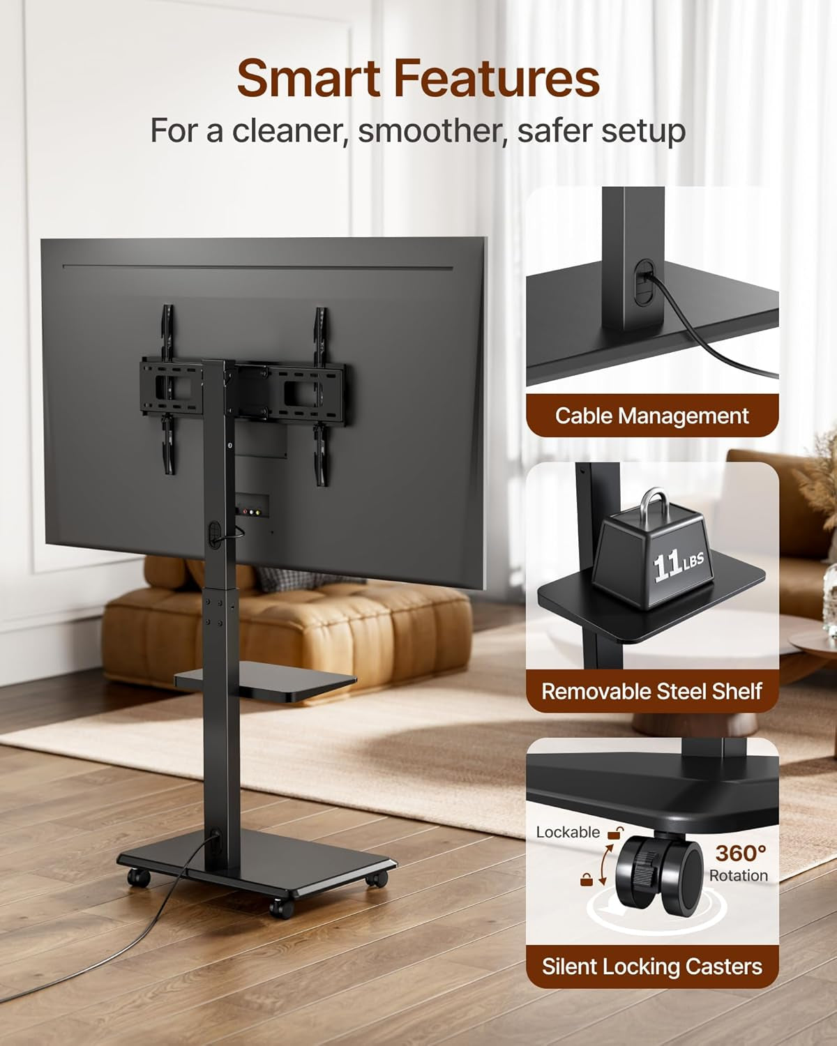 Steel Base Rolling TV Stand for 32-75 Inch Tvs up to 110 Lbs, Leveling & Tilt & Swivel Mobile TV Stand with Hidden Wire Management, Height Adjustable Portable Tv Stand with Steel Shelf, Black