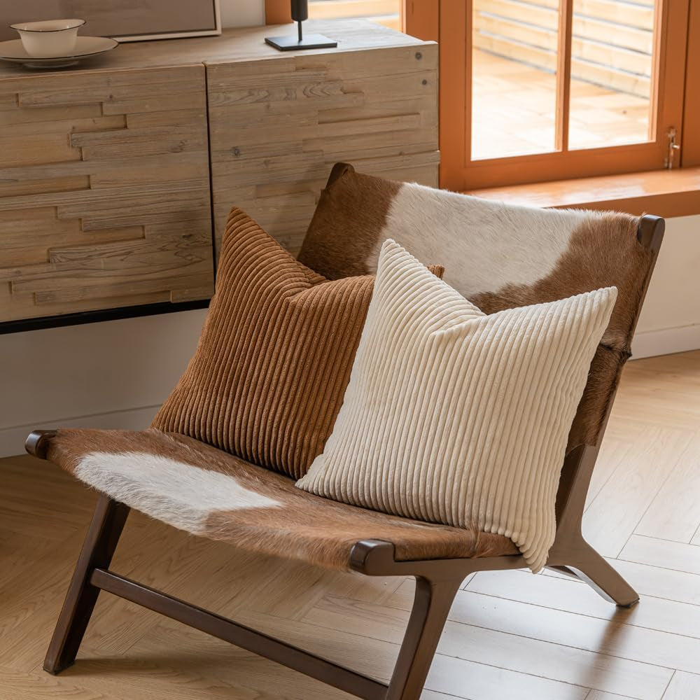 Neutral Couch Throw Pillow Covers 18X18 Inch Set of 4 Decorative Farmhouse Boho Throw Pillows for Living Room, Couch, Bed, Sofa Soft Corduroy Accent Home Decor (Neutral Brown, 18X18 Inch)