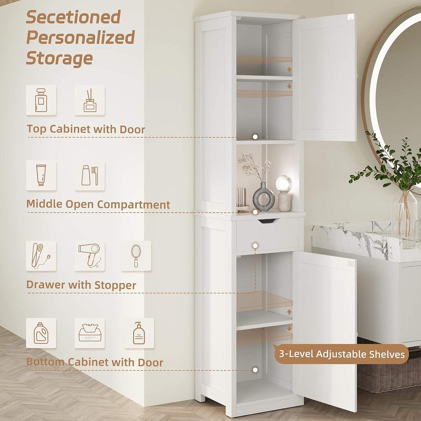 Tall Bathroom Storage Cabinet, Slim Corner Floor Cabinet with Doors and Drawer, Freestanding Narrow Bathroom Organizer with Adjustable Shelves for Small Space, White