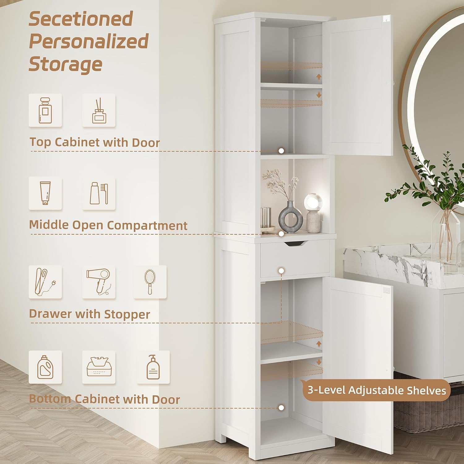 Tall Bathroom Storage Cabinet, Slim Corner Floor Cabinet with Doors and Drawer, Freestanding Narrow Bathroom Organizer with Adjustable Shelves for Small Space, White