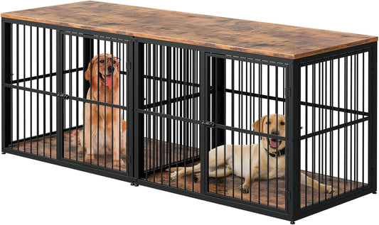 86'' Dog Crate Furniture Large Breed TV Stand for 2 Large Dogs, Double Wooden Crate Pet Cage with Removable Divider, Indoor Heavy Duty Kennel Corner End Table, Can Use Separately, Brown