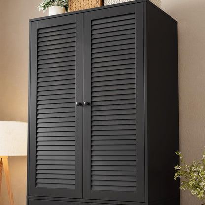Armoire Wardrobe Closet with Drawers, 69.5 in Wooden Wardrobe Cabinet with Hanging Rod, 2 Doors Clothing Storage Cabinet for Bedroom, Large Capacity Storage, Louvered Door, Black