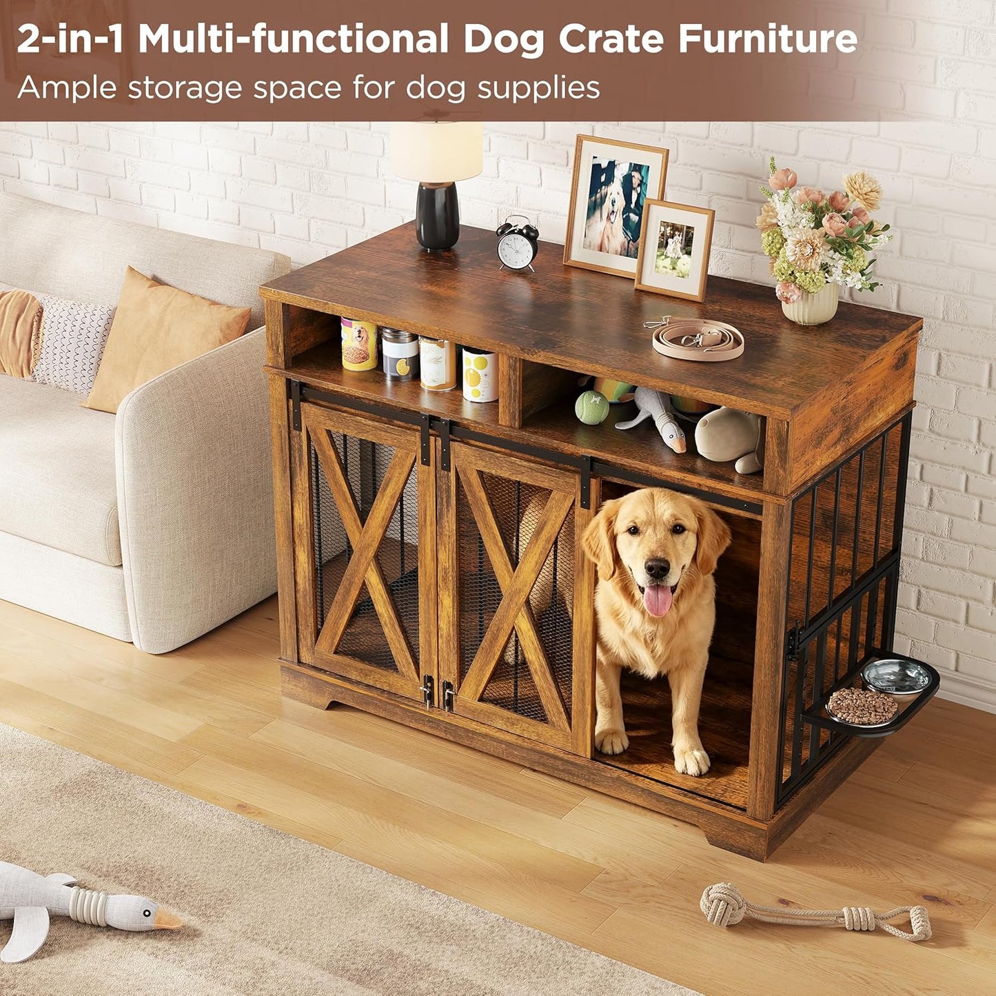 47" Large Dog Crate, Wooden Dog Kennel Furniture with Storage & Adjustable Bowl & Sliding Barn Door, Heavy Duty Dog Crates for Large Dogs, Indoor Decorative Dog Cage, Brown