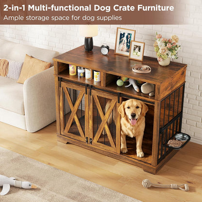 47" Large Dog Crate, Wooden Dog Kennel Furniture with Storage & Adjustable Bowl & Sliding Barn Door, Heavy Duty Dog Crates for Large Dogs, Indoor Decorative Dog Cage, Brown