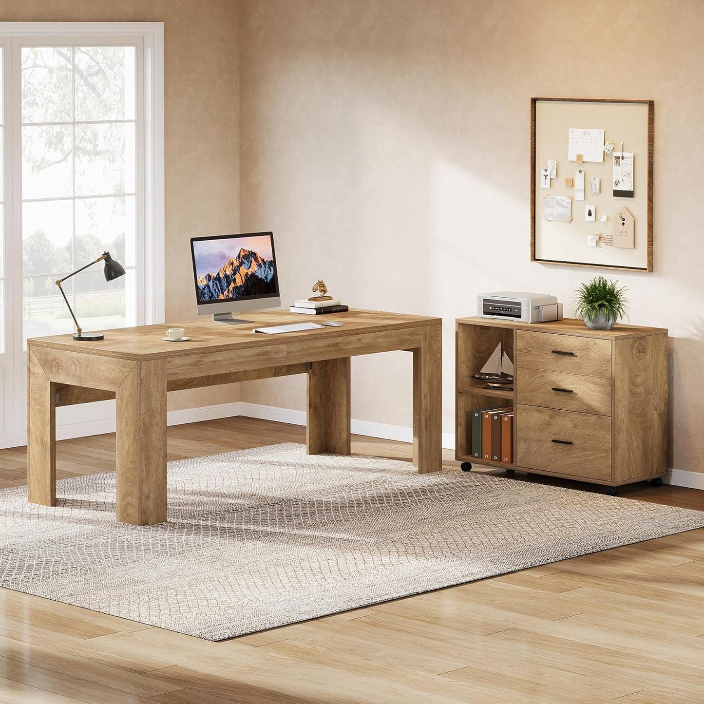 63" L Shaped Desk with Storage, Executive Office Desk with Rolling File Cabinet Combo, Large Computer Table with Drawers and Shelves, Business Furniture Set for Home Office, Brown