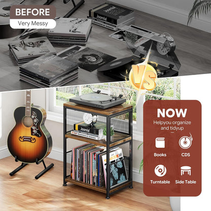Record Player Stand, 3 Tiers Side Table, Turntable Stand with Vinyl Record Storage, Hold up to 100 Albums, Rustic Brown