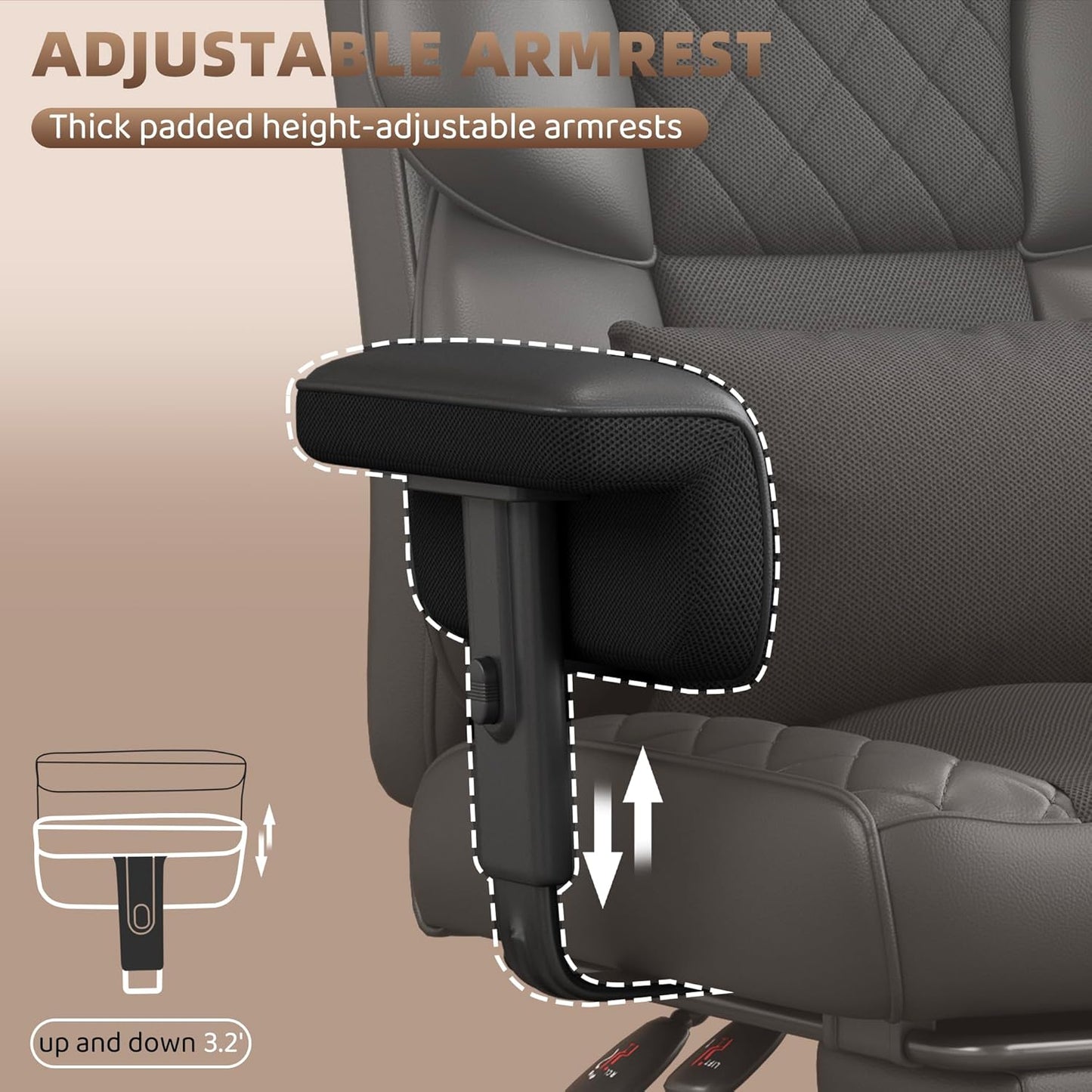 Big and Tall Office Chair, Computer Chair with Soft Adjustable Armrests, Ergonomic High Back Gaming Chair with Lumbar Support, Executive Chairs with Footrest (PU Leather + Mesh Fabric,Black)