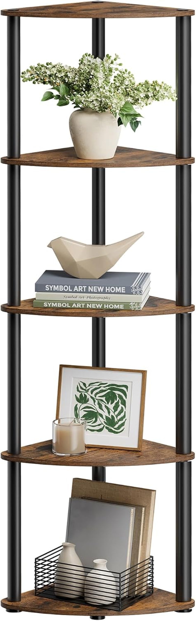 Superfast Toolless Assembly, Corner Shelf Stand, 5-Tier Corner Standing Shelf, Living Room, Bedroom, Kitchen, 15 X 10.6 X 54.7 Inches, Rustic Brown ULBC610K01