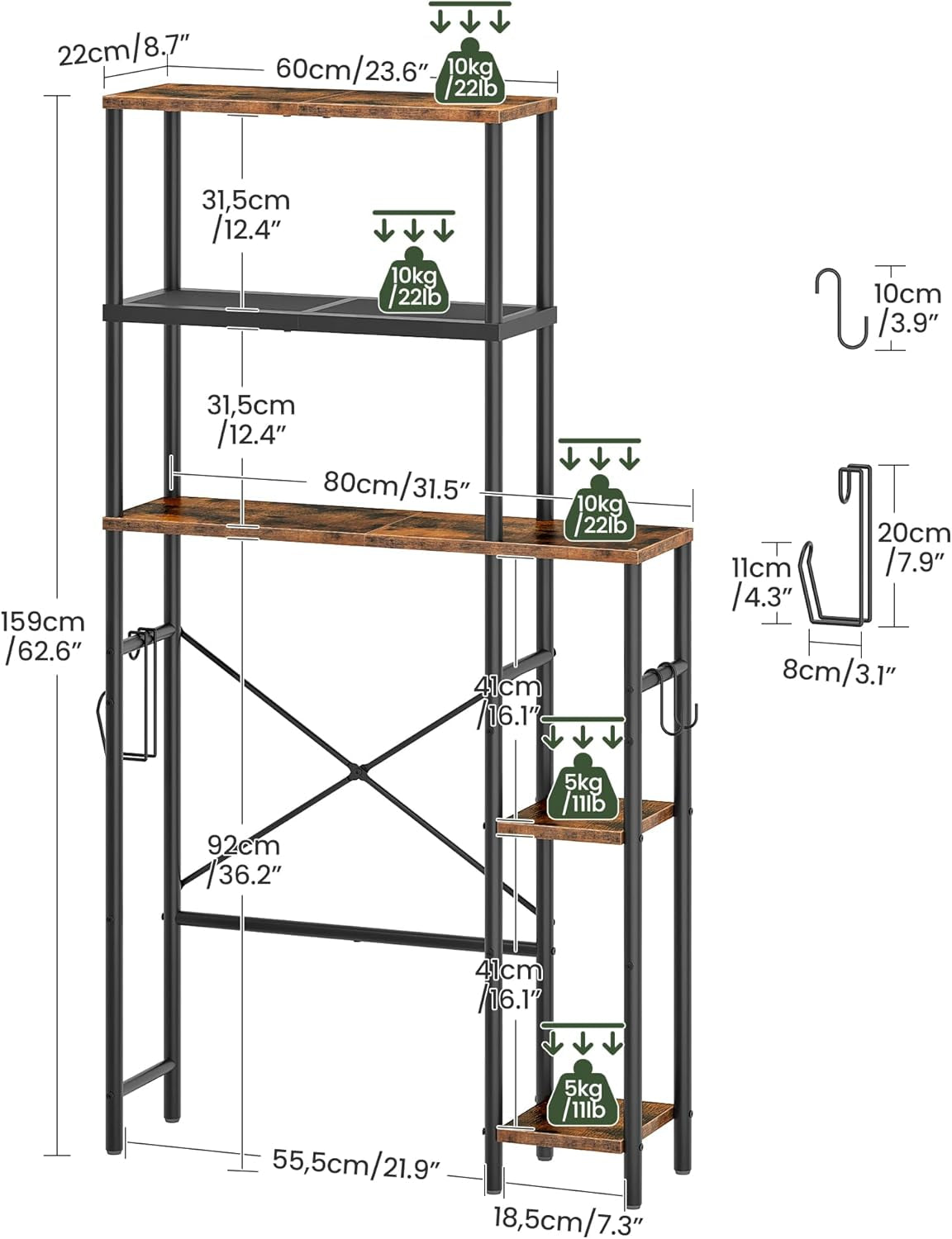 Over the Toilet Storage, 6-Tier Bathroom Organizer Shelf, Over-Toilet Storage Cabinet with Toilet Paper Hook, Space Saving, for Bathroom, Laundry, Entryway, Rustic Brown and Black TTS02BF