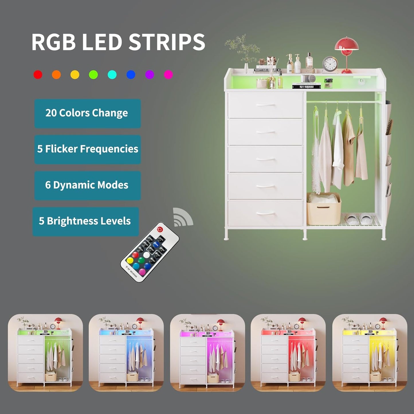 Modern 5 Dresser with LED Hanging Rack, Dresser with Clothes Rack, Hanger Rack, and Storage Drawers, Drawer Dressers with Coat Racks for Bedroom Living Room, Entryway, Closets (White)