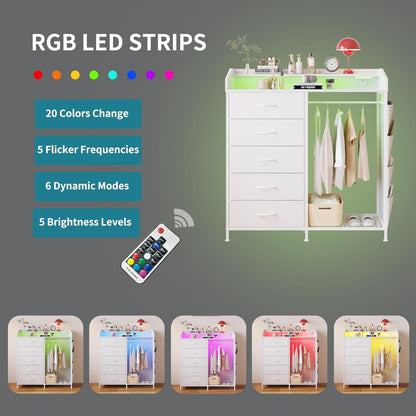Modern 5 Dresser with LED Hanging Rack, Dresser with Clothes Rack, Hanger Rack, and Storage Drawers, Drawer Dressers with Coat Racks for Bedroom Living Room, Entryway, Closets (White)