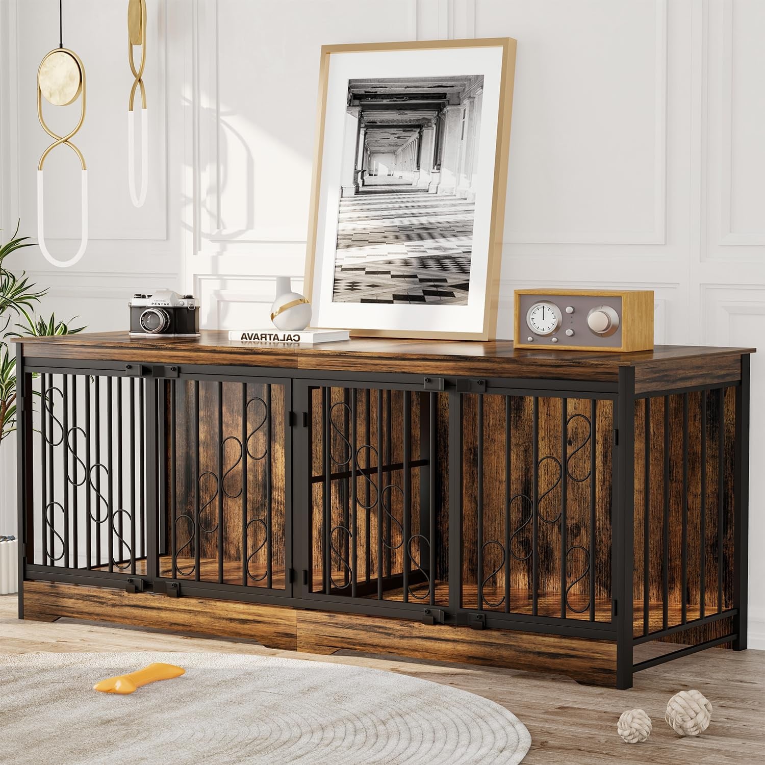 71 Inch Double Dog Crate Furniture for 2 Dogs, Decorative Wooden Dog Crates Indoor Dog Kennel TV Stand for Large Medium Small Dogs, Dog Cage Furniture Heavy Duty Pet House with Divider, Brown